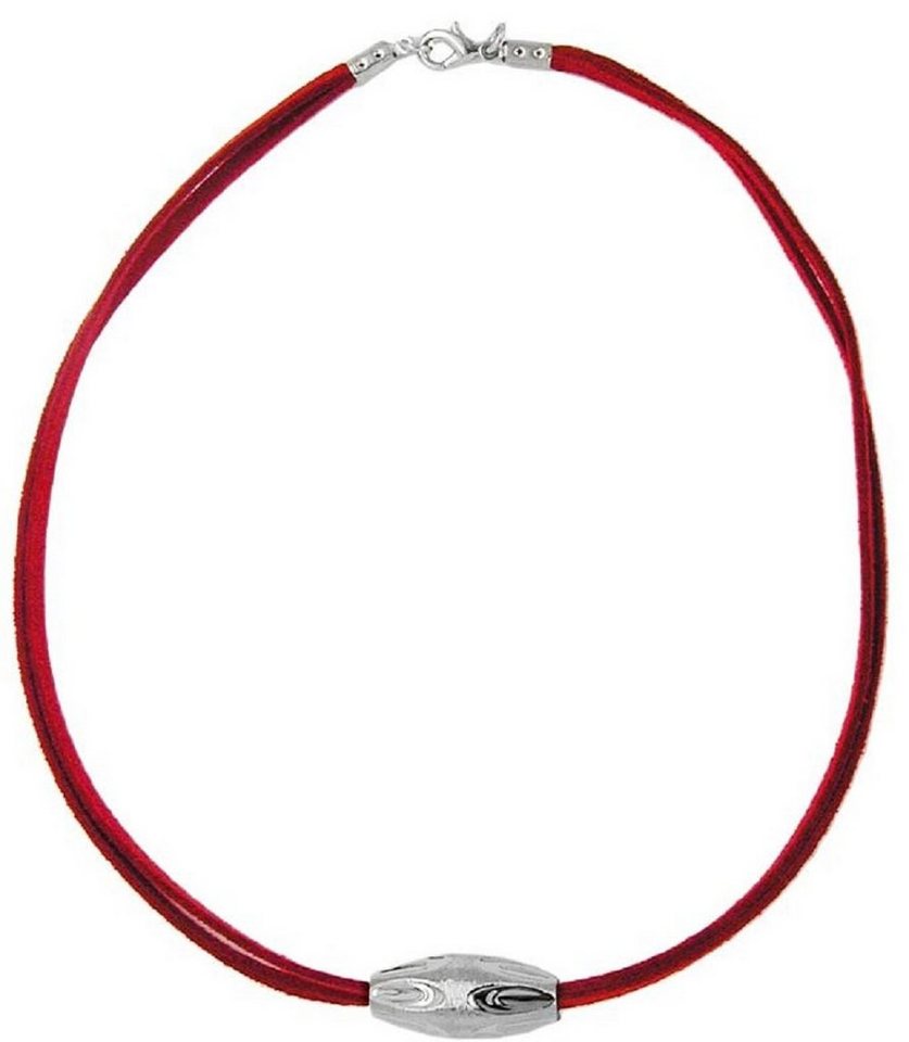 unbespielt Collier Kette Kunststoffperle Rillenolive chrom-glänzend Velourband rot 42 cm, Modeschmuck für Damen von unbespielt