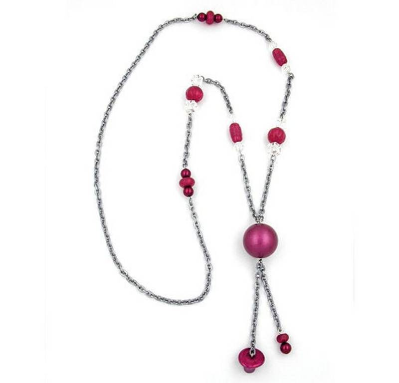 unbespielt Collier Kette Kunststoffperlen Altrosa-Grau-Kristall Aluminium 95 cm, Modeschmuck für Damen von unbespielt