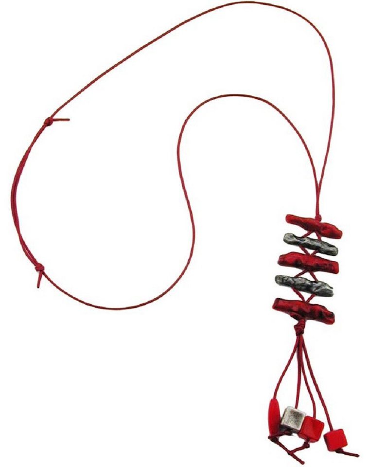 unbespielt Collier Kette Kunststoffperlen Koralle rot-marmoriert altsilberfarben 70 cm, Modeschmuck für Damen von unbespielt