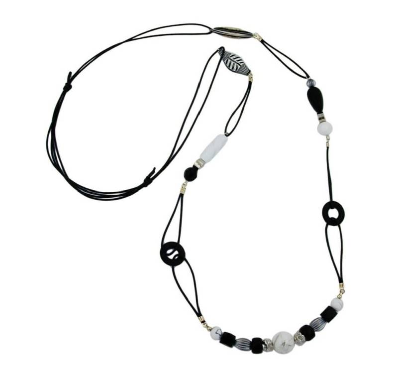 unbespielt Collier Kette Kunststoffperlen schwarz-weiß Kordel schwarz 105 cm, Modeschmuck für Damen von unbespielt