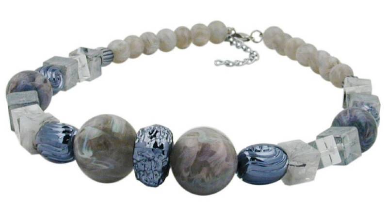 unbespielt Collier Kette Kunststoffperlen silbergrau-lila-marmoriert 45 cm, Modeschmuck für Damen von unbespielt