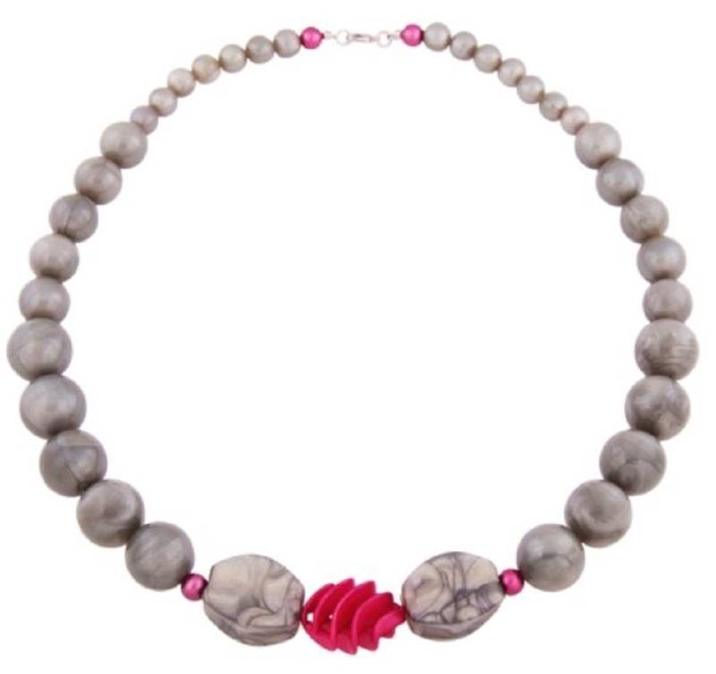 unbespielt Collier Kette Rundperlen grau Spiralperle pink 62 cm Kunststoff, Modeschmuck für Damen von unbespielt