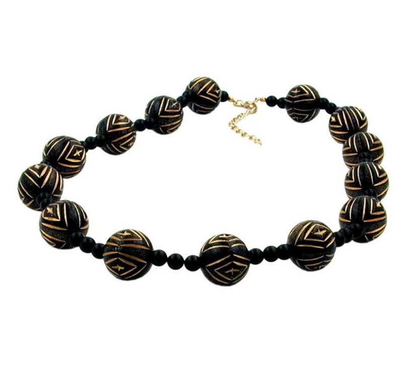 unbespielt Collier Kette Schmuckperlen Kunststoffperlen schwarz-goldfarben 50 cm, Modeschmuck für Damen von unbespielt