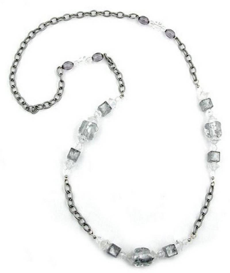 unbespielt Collier Kette Steinperle mit Ankerkette grau transparent facettiert 95 cm, Modeschmuck für Damen von unbespielt