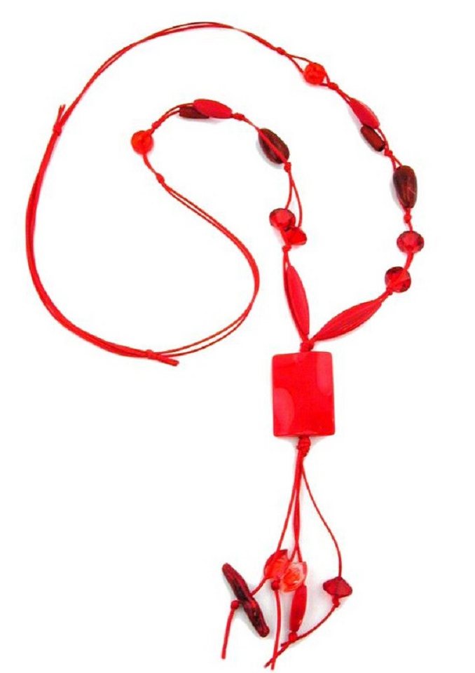 unbespielt Collier Kette Viereck Kunststoff-Perlen gewellt rot Kordel rot 100 cm, Modeschmuck für Damen von unbespielt