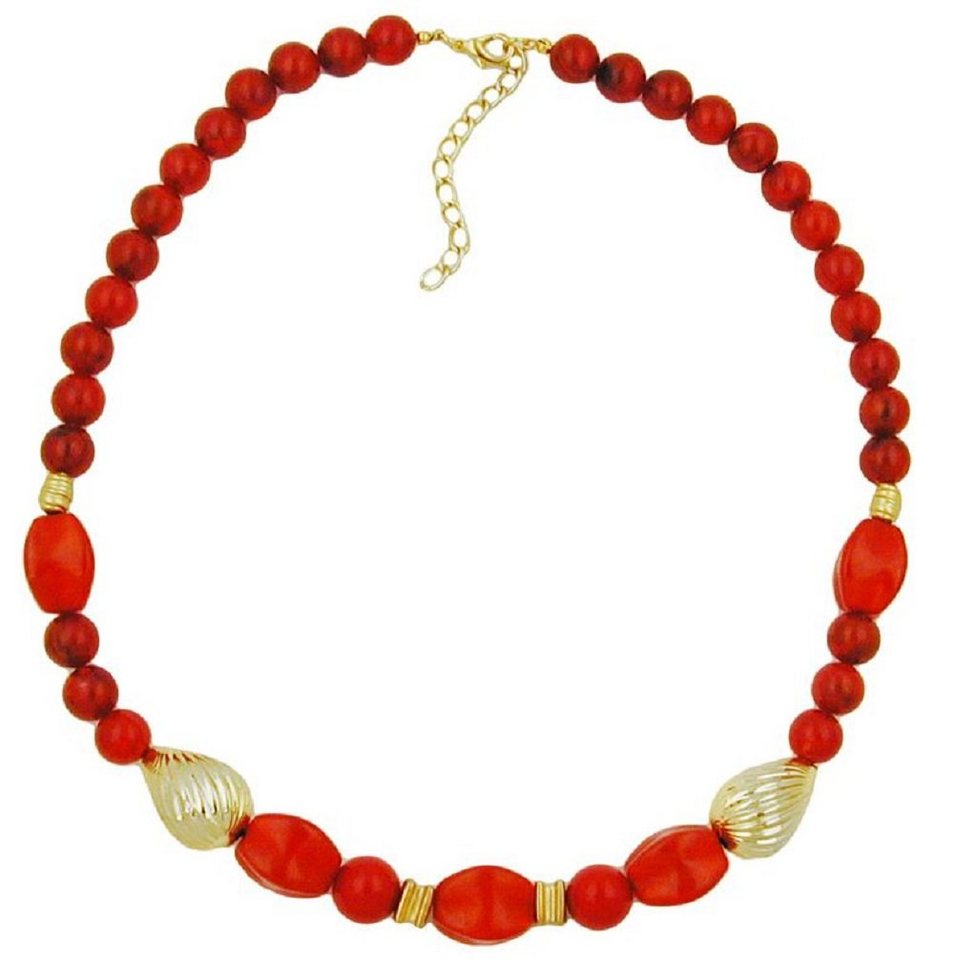 unbespielt Collier Kette mit Kunststoffperlen rot-marmoriert und goldfarben 50 cm, Modeschmuck für Damen von unbespielt