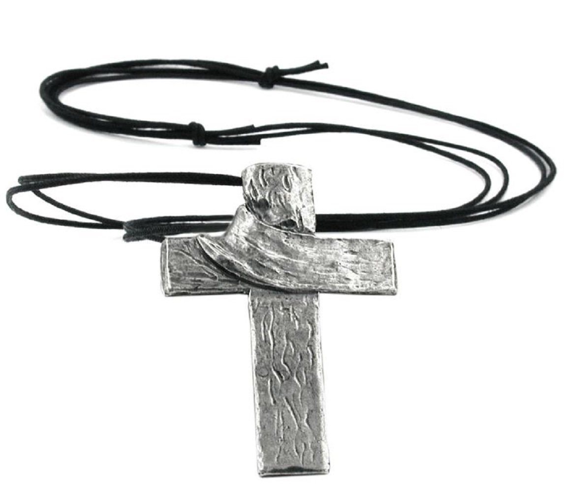 unbespielt Collier Kette mit Zinn-Anhänger Kreuz mit Tuch Baumwollkordel schwarz 110 cm, Modeschmuck für Damen und Herren von unbespielt