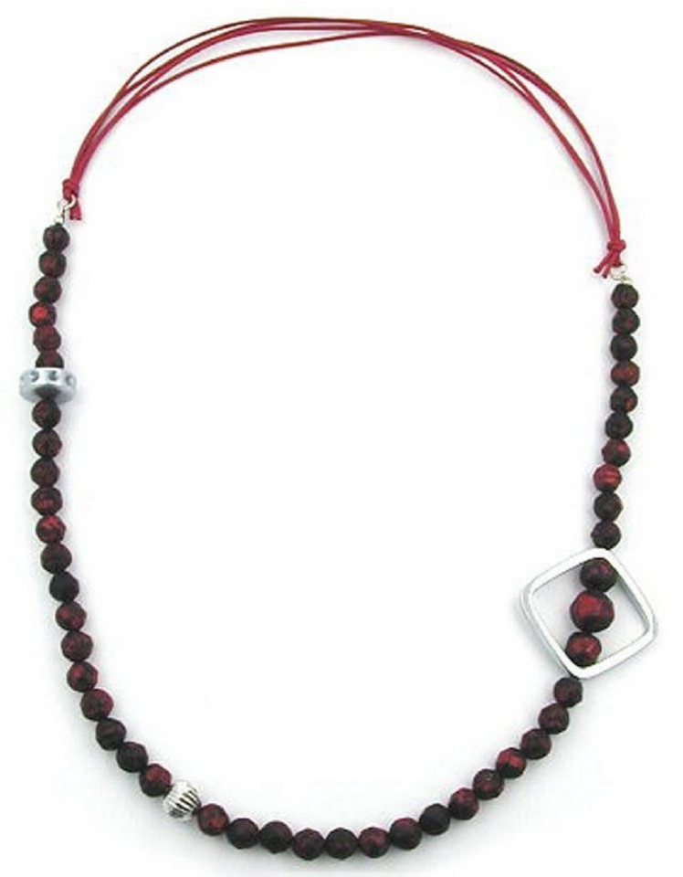 unbespielt Collier Modeschmuck Kette Kunststoff-Perlen Barock-Rot Viereck chrom 90 cm, Modeschmuck für Damen von unbespielt