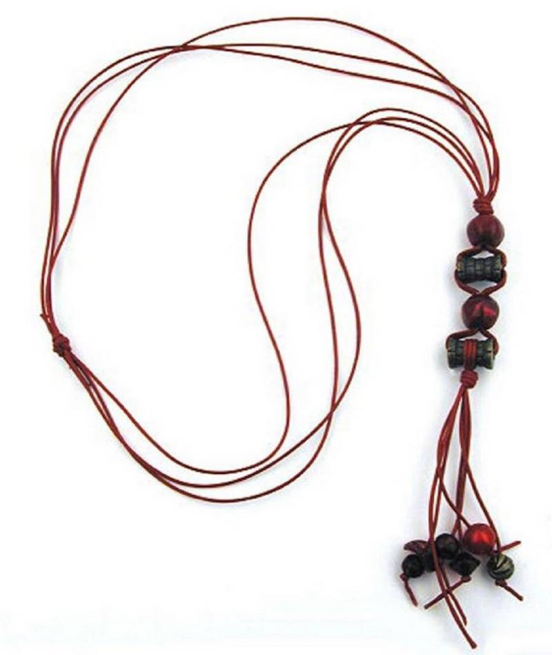 unbespielt Collier Modeschmuck Kette Y-Form altmessingfarbig Kunststoff Kordel rot 90 cm, Modeschmuck für Damen von unbespielt