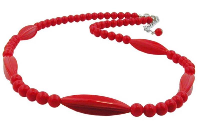 unbespielt Collier Perlenkette Rillenolive rot Kunststoff Verschluss silberfarbig 50 cm, Modeschmuck für Damen von unbespielt