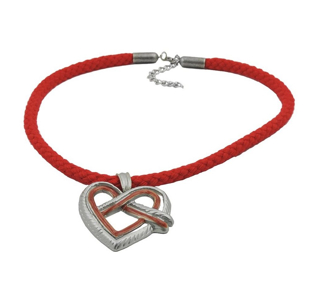 unbespielt Collier Kette Landhaus-Stil Anhänger Herz-Brezel rot-silbergrau Kordel 45 cm, Modeschmuck für Damen von unbespielt