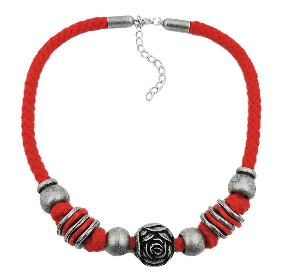 unbespielt Collier Kette Landhaus-Stil Rosenperle altsilber Kordel rot 42 cm, Modeschmuck für Damen von unbespielt