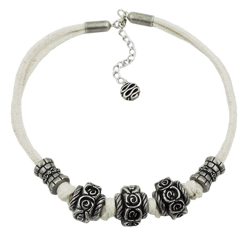 unbespielt Collier Kette Landhaus-Stil Rosenwalze altsilber Kordel natur 40 cm, Modeschmuck für Damen von unbespielt