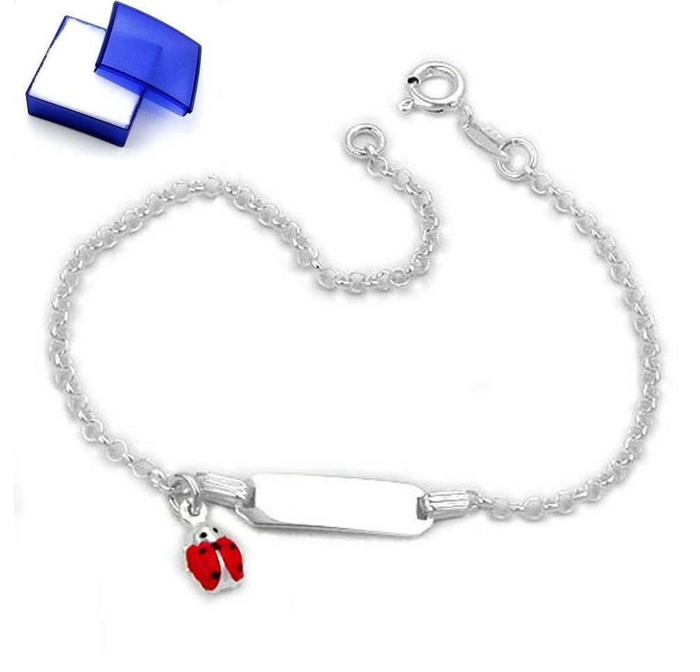 unbespielt Gliederarmband Armband Schildband für Kinder Ankerkette mit Gravurplatte und Marienkäfer 925 Silber 18 cm inklusive kleiner Schmuckbox, Silberschmuck für Kinder von unbespielt