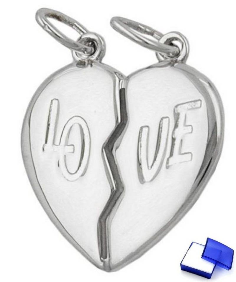 unbespielt Herzanhänger Anhänger Doppelanhänger Herz LO-VE aus 925 Silber 20 x 20 mm, Silberschmuck für Damen und Herren von unbespielt