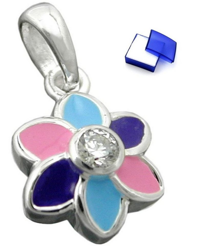 unbespielt Kettenanhänger Kettenanhänger Anhänger Blume lila pink hellblau farbig lackiert mit kleinem weißen Zirkonia 925 Silber inkl. Schmuckbox, Silberschmuck für Kinder von unbespielt