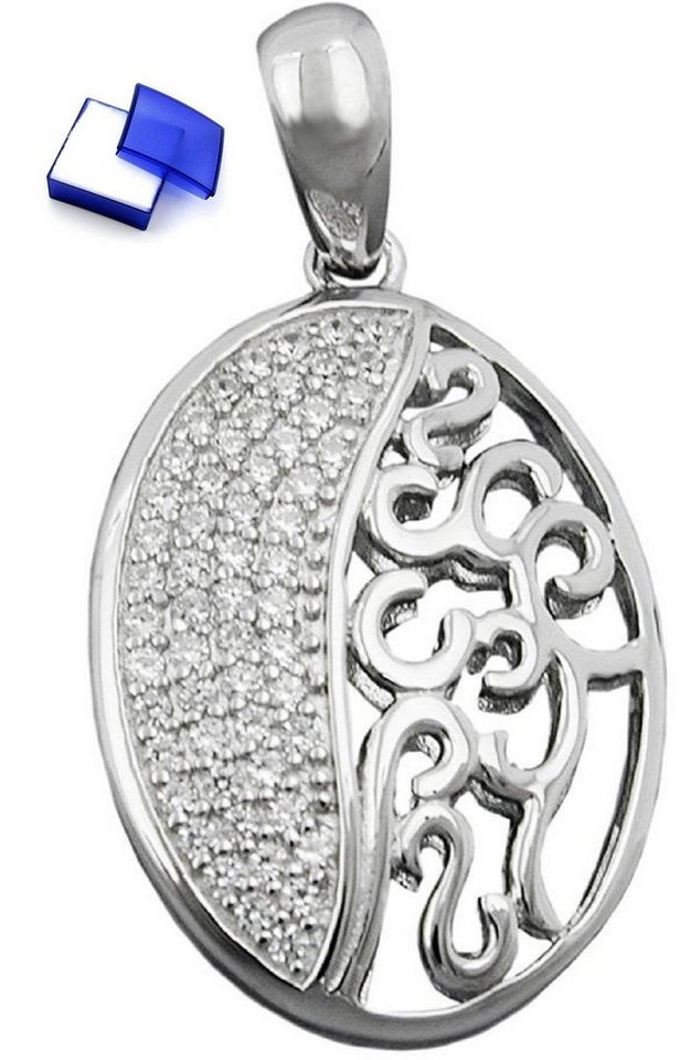 unbespielt Kettenanhänger Kettenanhänger Anhänger mit Zirkonias oval glänzend rhodiniert 925 Silber 20 x 15 mm inklusive Schmuckbox, Silberschmuck für Damen von unbespielt