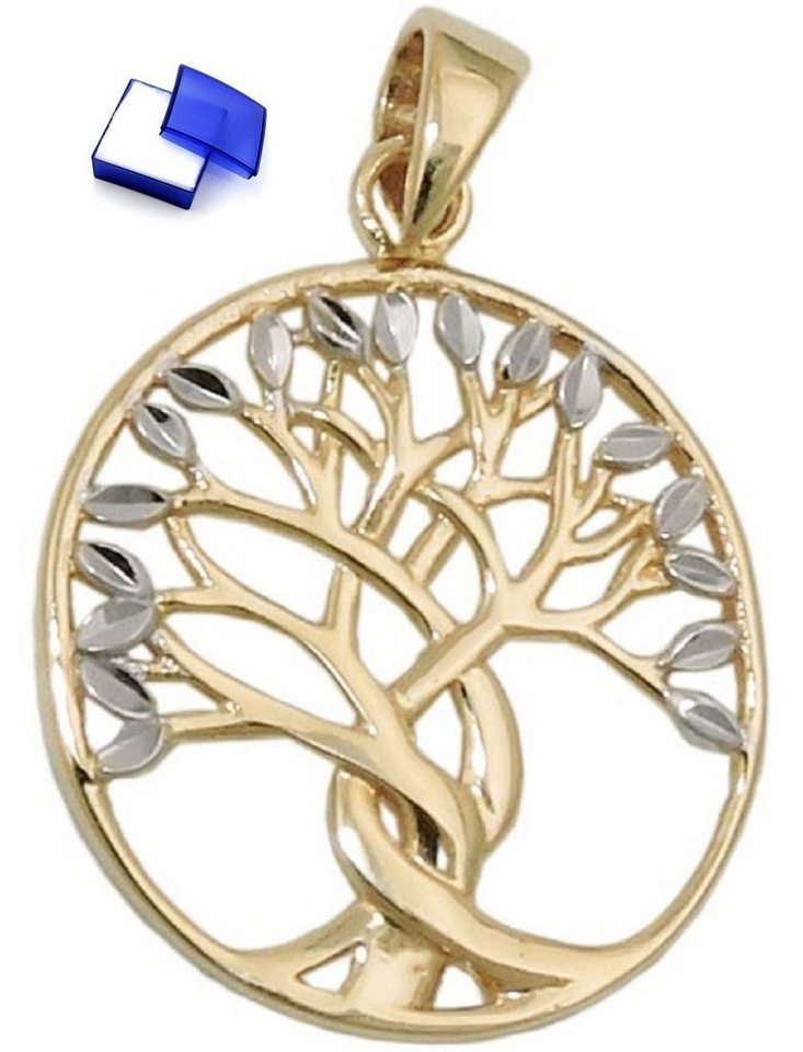 unbespielt Kettenanhänger Kettenanhänger Unisex Anhänger Baum des Lebens Bicolor 9 Karat Gold 17 x 16 mm inklusive Schmuckbox, Goldschmuck für Damen und Herren von unbespielt