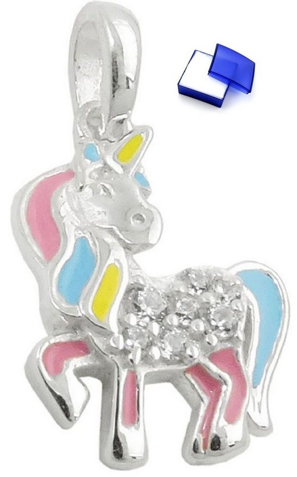 unbespielt Kettenanhänger Kinder Anhänger Einhorn Pastellfarben mit Zirkonias 925 Silber 15 x 11 mm inkl. kleiner Schmuckbox, Silberschmuck für Kinder von unbespielt