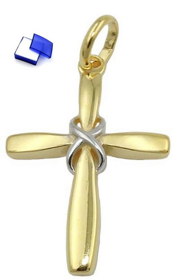 unbespielt Kreuzanhänger Anhänger Kreuz Bicolor-Effekt glänzend rhodiniert 375 Gold 20 x 14 mm, Goldschmuck für Damen und Herren von unbespielt