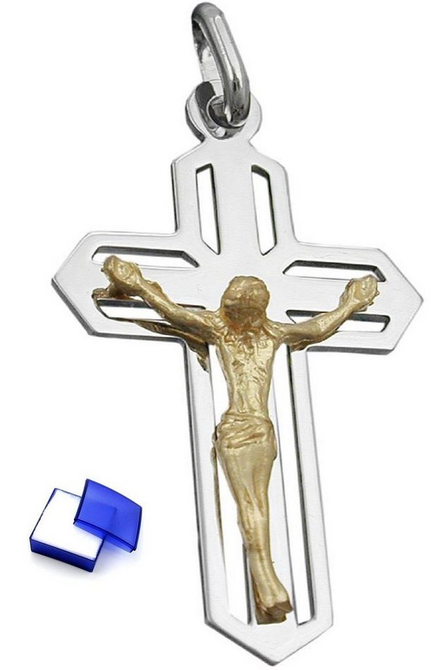 unbespielt Kreuzanhänger Anhänger Kreuz Jesus Bicolor-Effekt 925 Silber 38 x 23 mm Schmuckbox, Silberschmuck für Damen und Herren von unbespielt