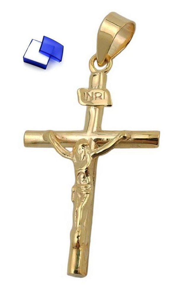 unbespielt Kreuzanhänger Anhänger Kreuz mit Jesus glänzend 375 Gold 24 x 14 mm kl. Schmuckbox, Goldschmuck für Damen und Herren von unbespielt