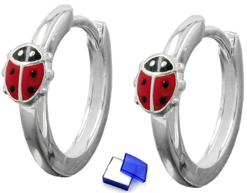 unbespielt Paar Creolen Kinderohrringe Marienkäfer rot-schwarz lackiert 925 Silber 14 x 2 mm, Silberschmuck für Kinder von unbespielt