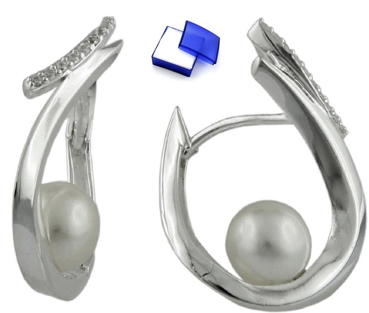 unbespielt Paar Creolen Ohrringe mit Zirkonias und Zuchtperle 925 Silber 23 x 15 mm Schmuckbox, Silberschmuck für Damen von unbespielt