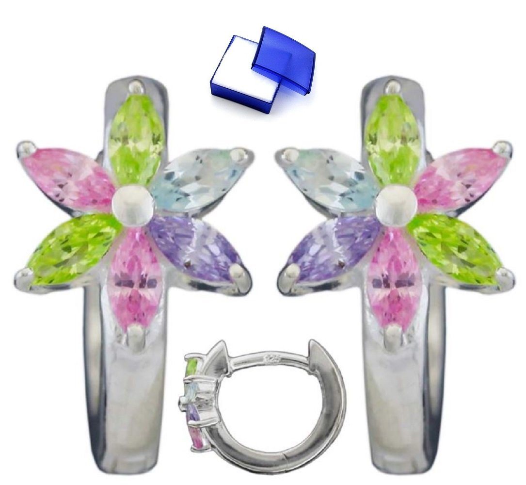 unbespielt Paar Creolen Ohrringe Blüte farbige Zirkonias 925 Silber 13 x 1,7 mm Schmuckbox, Silberschmuck für Damen von unbespielt