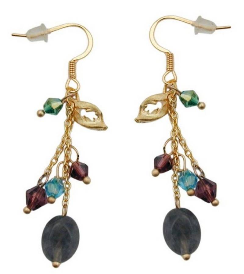 unbespielt Paar Ohrhänger Ohrhaken Kunststoffperlen bunt u. kleine goldfarbene Blattperle 55 mm, Modeschmuck für Damen von unbespielt