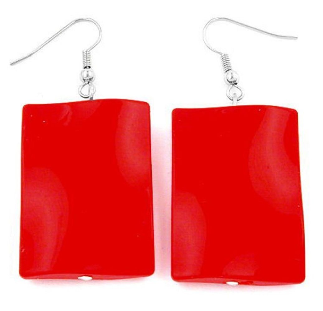 unbespielt Paar Ohrclips Ohrringe Viereck gewellt rot-glänzend Kunststoff-Perle 56 x 25 mm, Modeschmuck für Damen von unbespielt