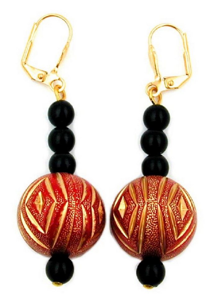unbespielt Paar Ohrhänger Brisur Ohrringe orange-rot-goldene Perle Kunststoff 59 x 18 mm, Modeschmuck für Damen von unbespielt