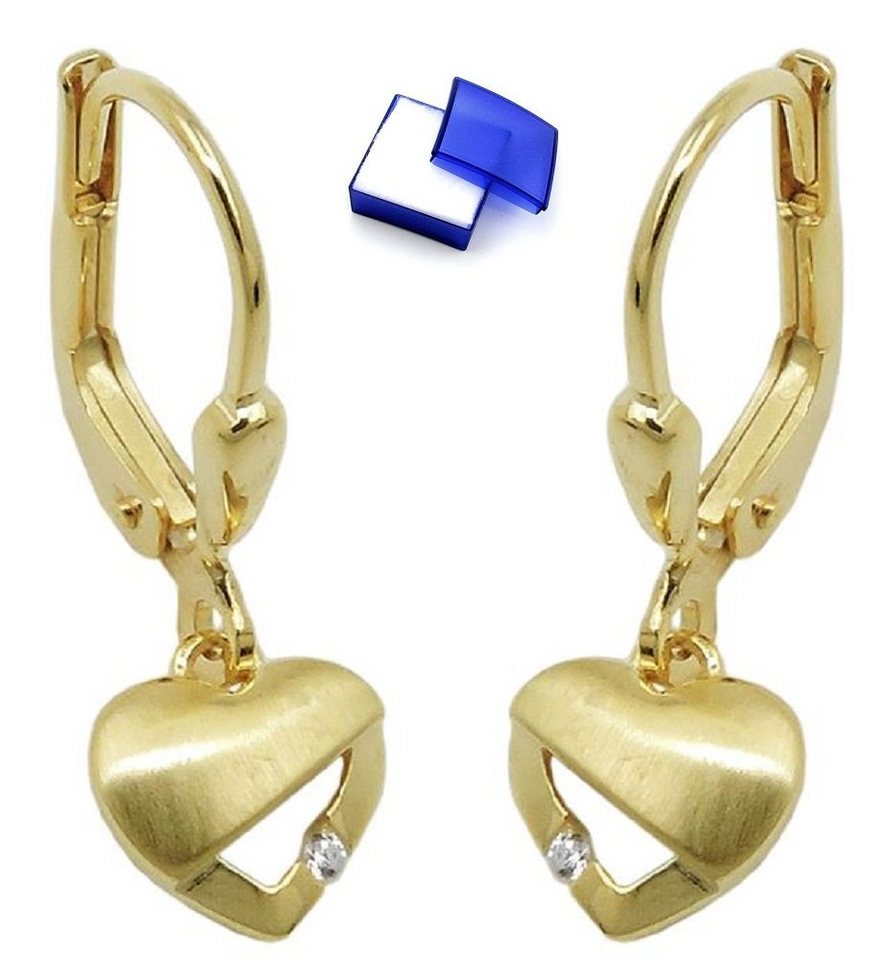 unbespielt Paar Ohrhänger Ohrringe Herz matt-glänzend mit Zirkonia 375 Gold 21 x 7 mm inkl. Box, Goldschmuck für Damen von unbespielt