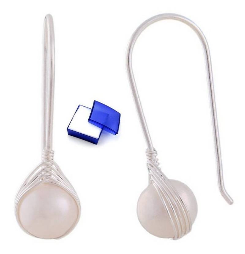 unbespielt Paar Ohrhänger Ohrhaken mit eingeflochtener Süßwasserzuchtperle 925 Silber 28 x 8 mm, Silberschmuck für Damen von unbespielt