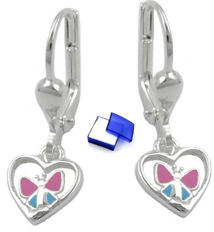 unbespielt Paar Ohrhänger Brisur Herz mit Schmetterling hellblau pink 925 Silber 23 x 7 mm, Silberschmuck für Kinder von unbespielt