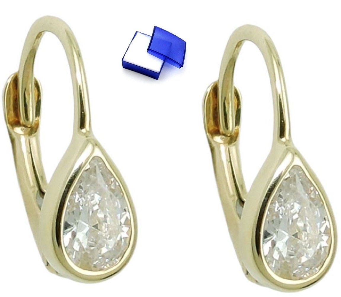 unbespielt Paar Ohrhänger Brisur Tropfen Zirkonia weiß 375 Gold 14 x 5 mm inklusive Schmuckbox, Goldschmuck für Damen von unbespielt