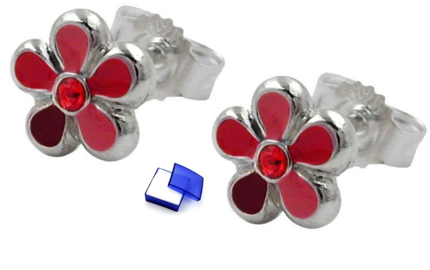 unbespielt Paar Ohrstecker Kinderohrringe 6,5 mm Stecker Blume rot lackiert 925 Silber inklusive Schmuckbox, Silberschmuck für Kinder von unbespielt