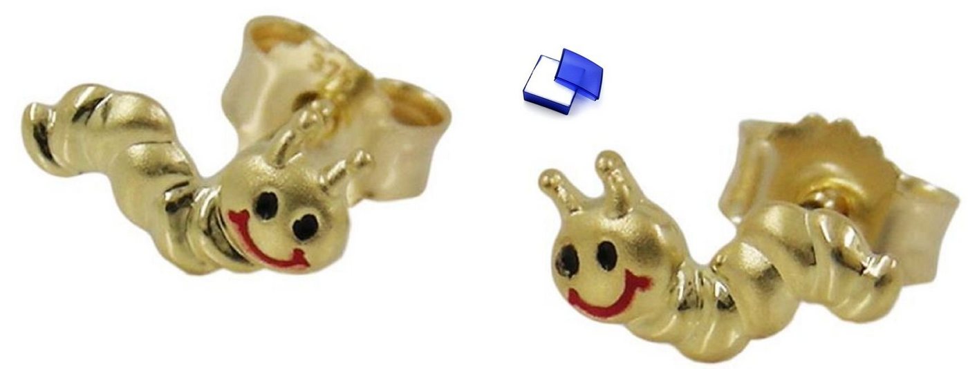 unbespielt Paar Ohrstecker Kinderohrringe Ohrstecker 4 x 8 mm Wurm matt glänzend farbig 375/000 Gold 9 Karat inklusive Schmuckbox, Goldschmuck für Kinder von unbespielt