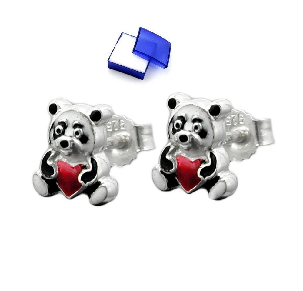 unbespielt Paar Ohrstecker Kinderohrringe Stecker 7 x 6 mm Panda Bär farbig lackiert 925 Silber inklusive Schmuckbox, Silberschmuck für Kinder von unbespielt