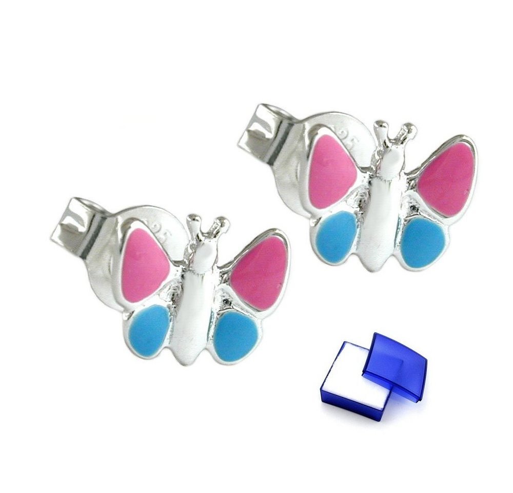 unbespielt Paar Ohrstecker Kinderohrringe Stecker 7 x 8 mm Schmetterling hellblau pink 925 Silber inklusive Schmuckbox, Silberschmuck für Kinder von unbespielt