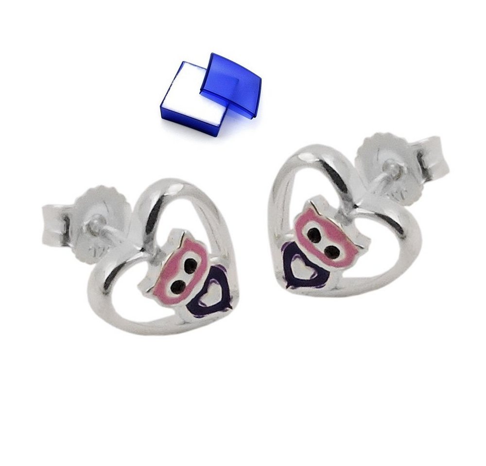 unbespielt Paar Ohrstecker Kinderohrringe Stecker kleine Eule im Herz lila pink glänzend 925 Silber 8 mm inklusive Schmuckbox, Silberschmuck für Kinder von unbespielt