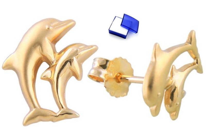 unbespielt Paar Ohrstecker Ohrringe Delfin Pärchen 375 Gold 10 x 7 mm inklusive Schmuckbox, Goldschmuck für Damen von unbespielt
