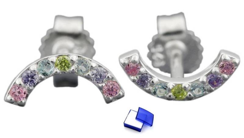 unbespielt Paar Ohrstecker Ohrringe Halbkreis farbige Zirkonias 925 Silber 9 x 4 mm m. Schmuckbox, Silberschmuck für Damen von unbespielt