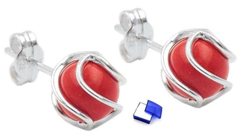 unbespielt Paar Ohrstecker Ohrringe Koralle 7 mm rot matt umwickelt 925 Silber kl. Schmuckbox, Silberschmuck für Damen von unbespielt