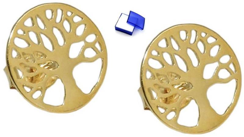 unbespielt Paar Ohrstecker Ohrringe Lebensbaum filigran glänzend 9 Karat Gold 10 mm inklusive kleiner Schmuckbox, Goldschmuck für Damen von unbespielt