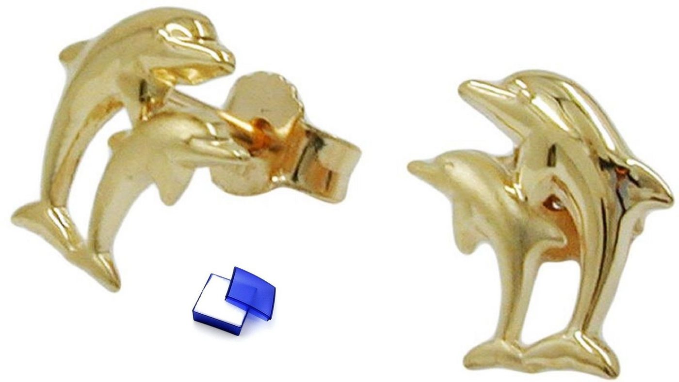 unbespielt Paar Ohrstecker Ohrringe Ohrstecker 10 x 7 mm Delfin Pärchen 375 Gold 9 Karat inklusive Schmuckbox, Goldschmuck für Damen von unbespielt