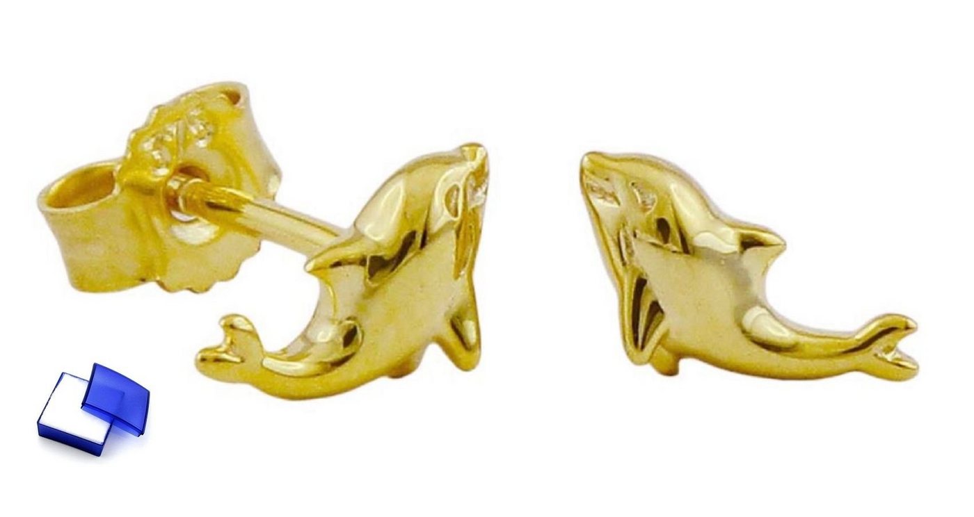 unbespielt Paar Ohrstecker Ohrstecker 8 x 4 mm kleiner Delfin 9 kt 375 Gold inkl. Schmuckbox, Goldschmuck für Damen von unbespielt