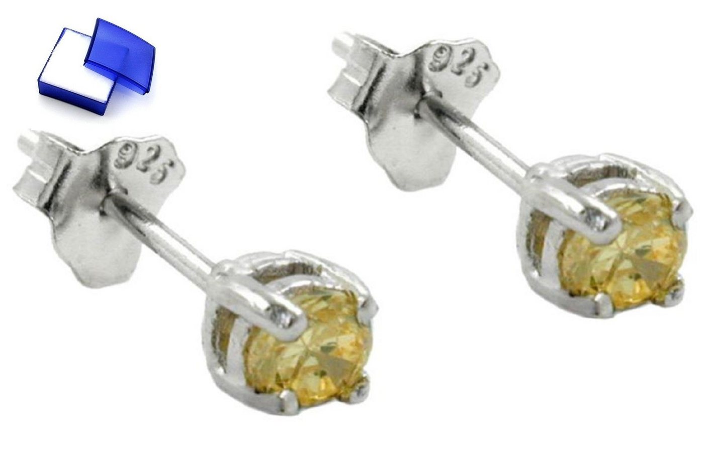 unbespielt Paar Ohrstecker Ohrringe Glasstein gelb-citrin rhodiniert 925 Silber 3 x 3 mm, Silberschmuck für Damen und Herren von unbespielt