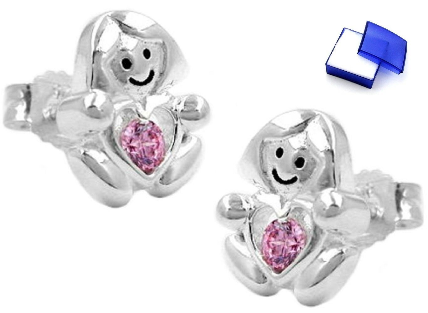 unbespielt Paar Ohrstecker Ohrringe Ohrstecker Mädchen Herz Zirkonia pink 925 Silber 9,5 x 8 mm inkl. Schmuckbox, Silberschmuck für Kinder von unbespielt