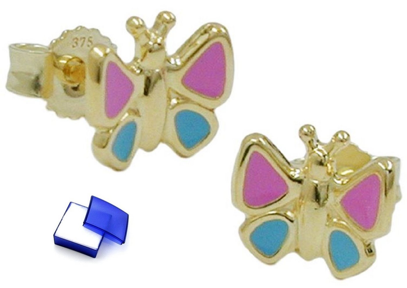 unbespielt Paar Ohrstecker Ohrringe Ohrstecker Schmetterling pink hellblau 9 Karat Gold 7 mm inkl. kl. Schmuckbox, Goldschmuck für Kinder von unbespielt